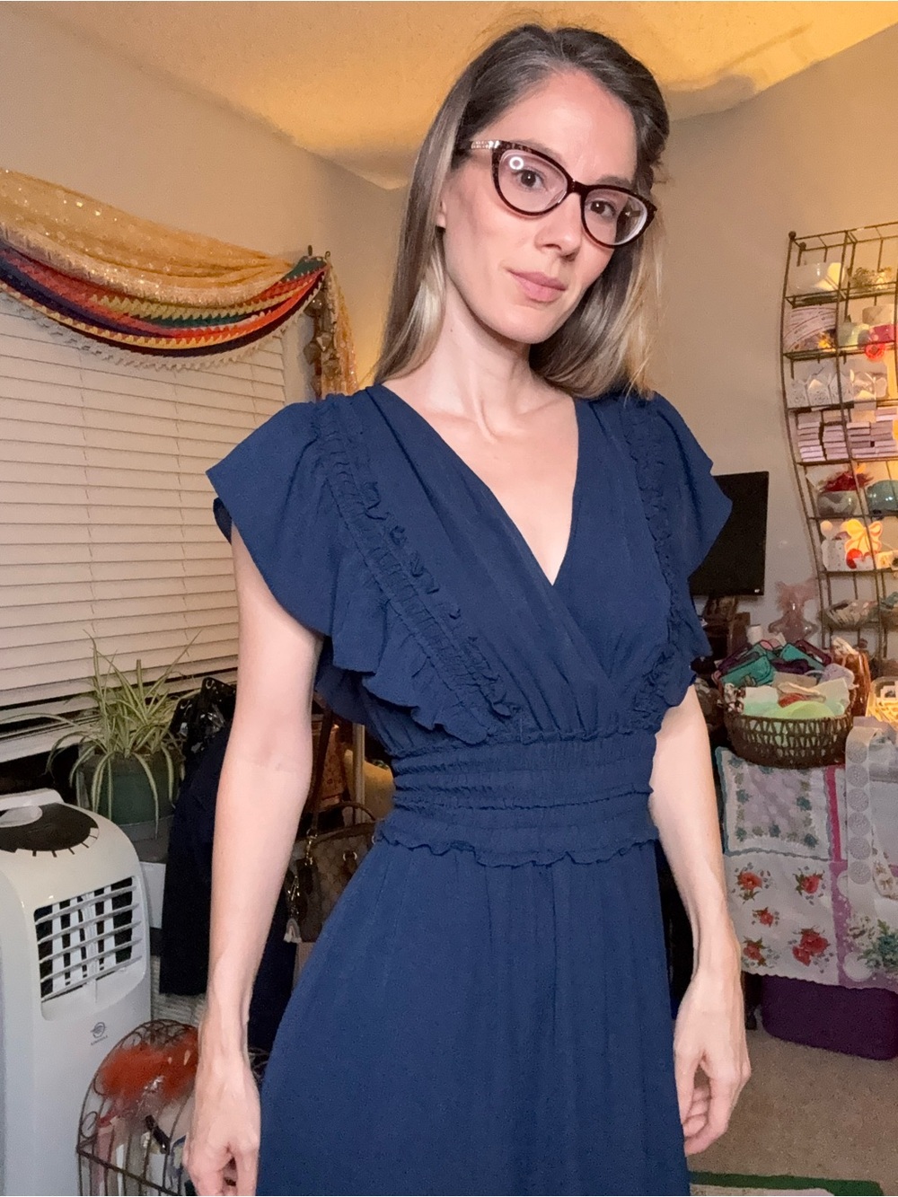 Max Studio Navy Ruffle V-Neck Midi Dress